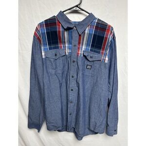 Parrish Nation Button Up Denim Style Shirt Plaid Panels & Elbow Patches 2XL